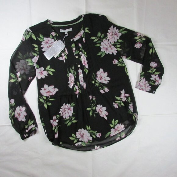 NWT Women's Small Daniel Rainn Long Sleeve Sheer Pleated Blouse - Black Floral - Picture 2 of 6